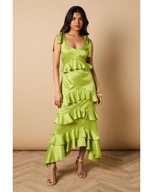 Oasis Petite Printed Satin Jacquard Tiered Midi Dress - Green