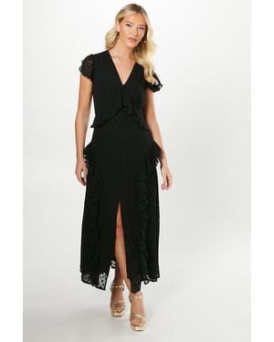 Debut London By Coast Flutter Sleeve Dobby Mesh Button Through Midi Dress - Black