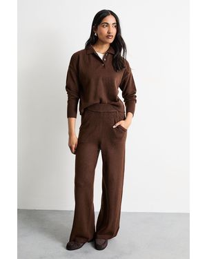 Warehouse Wide Leg Knitted Trouser Co Ord - Brown