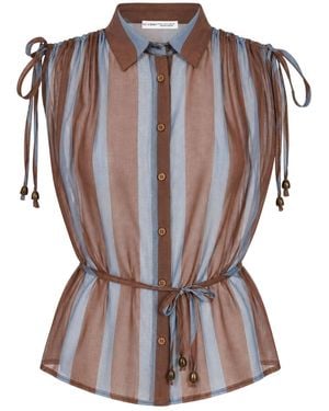 MixRay Striped Tie Detail Sleeveless Button-Up Shirt - Brown