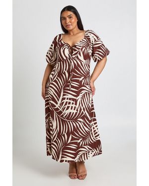 Boohoo Palm Print Textured Volume Sleeve Midaxi Dress - White
