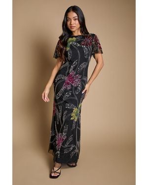 Oasis Petite Fan Floral Embellished Angel Sleeve Maxi Dress - Brown