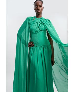 Karen Millen Halter Neck Twist Crinkle Georgette Cape Woven Maxi Dress - Green