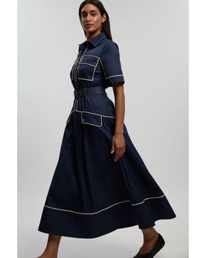 Karen Millen Cotton Sateen Button Detail Woven Midi Shirt Dress With Contrast Piping - Blue