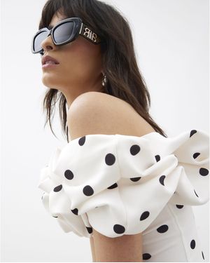 River Island Bardot Top Spot Print Ruffle - Natural