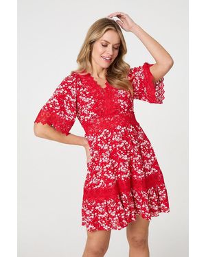 Izabel London Floral Lace Trim 1/2 Sleeve Mini Dress - Red