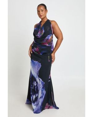 Boohoo Plus Printed Cowl Neck Maxi Dress - Blue