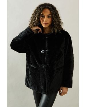 Wallis Pu Detail Faux Fur Jacket - Black