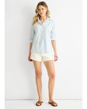 Gini London Blauw Katoenen Streep Shirt Met Opgerolde Mouwen - Wit