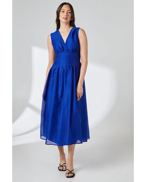 PRINCIPLES Pleat Detail V Neck Organza Midi Dress - Blue