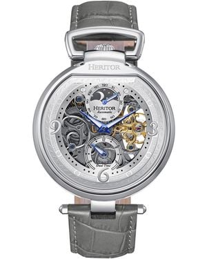 Heritor Lincoln Leather-Band Skeleton Watch With Moon Phase  display picture 3