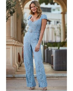 Sosandar Petite Powder Luxe Lace Belted Jumpsuit - Blue