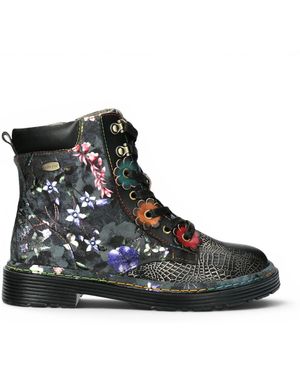 Laura Vita Gothic Victorian Floral Leather Lace-Up Boots - Black