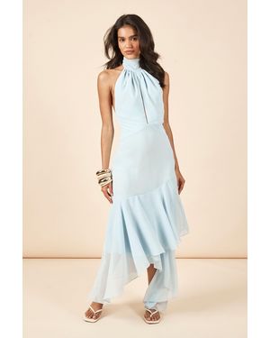 Boohoo Chiffon High Neck Flower Detail Asym Hem Midaxi Dress - Blue