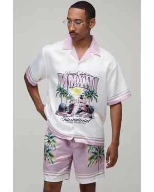 BoohooMAN Oversized Half Sleeve Moto Print Satin Shirt & Short Set - White