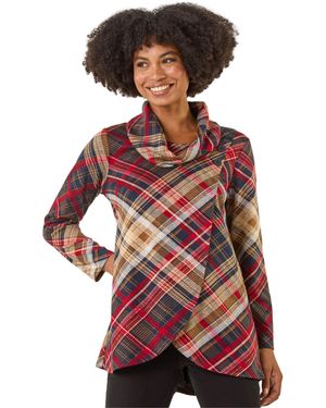 Roman Plaid Cowl Neck Buttoned Top - Red