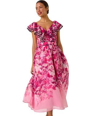 Roman Floral Frill Organza Midi Dress - Pink