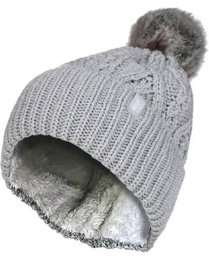 Heat Holders Ladies Knitted Turnover Cuffed Pom Pom Beanie Hat With Bobble - Grey