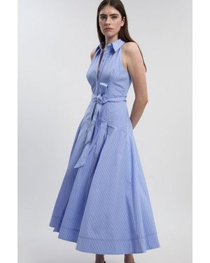 Karen Millen Petite Cotton Collared Stripe Halter Neck Woven Midi Shirt Dress With Dropped Waist Detail - Blue