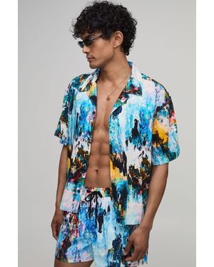 BoohooMAN Oversized Boxy Abstract Print Revere Shirt - Blue
