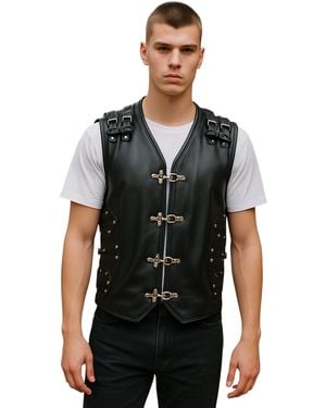 Infinity Leather Biker Waistcoat Metal Buckles Vest - Black