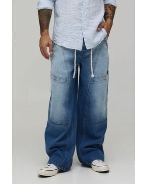 BoohooMAN Baggy Rigid Floral Rope Belt Jeans - Blue