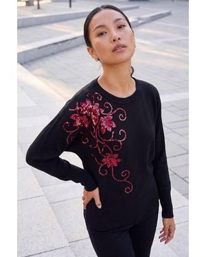 Roman Sequin Floral Batwing Knit Jumper - Black