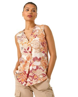 Roman Floral Print V-Neck Vest Top - Orange