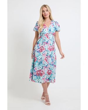Wallis Petite Floral Burn Out Ruched Sleeve Midi Dress - Blue