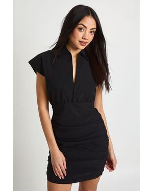 Boohoo Bengaline V Neck Ruched Skrit Dress - Black