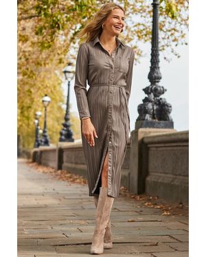 Sosandar Taupe Leather Look Plisse Shirt Dress With Belt - Metallic
