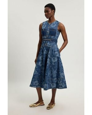 Karen Millen Jacquard Denim Full Skirted Midi Dress - Blue