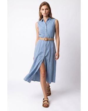 MixRay Belted Cotton Poplin Midi Shirt Dress - Blue