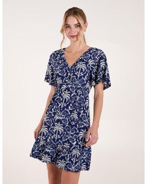 Blue Vanilla Button Through Elastic Waist Tropical Mini Dress - Blue