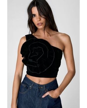 Nasty Gal Velvet Corsage One Shoulder Top - Black