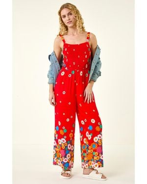 Roman Floral Border Print Shirred Jumpsuit
