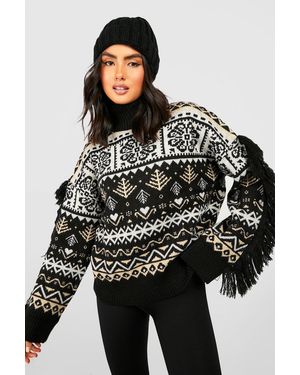 Boohoo Fairisle Knitted Jumper With Fringing - Black