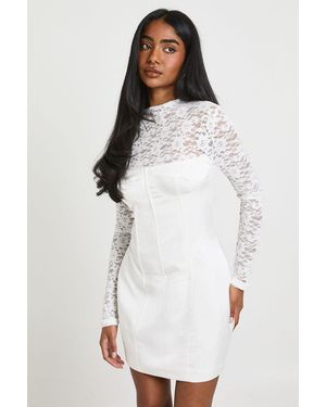 Boohoo Lace High Neck Corset Mini Dress - White