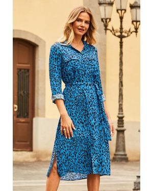 Sosandar Cobalt Animal Print Belted Shirt Dress - Blue