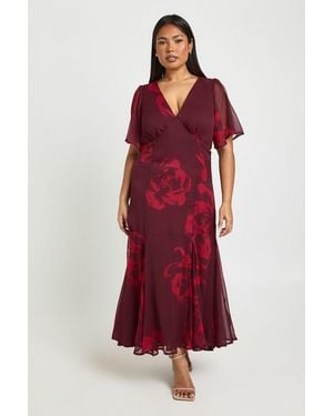 Boohoo Plus Floral Angel Sleeve Midaxi Dress - Red