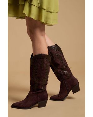 Oasis Jessie Faux Suede & Leather Western Cowboy Calf Boots - Black