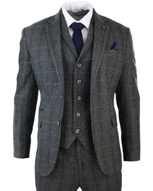 Infinity Leather 3 Piece Check Tweed Herringbone Vintage Classic Suit - Blue