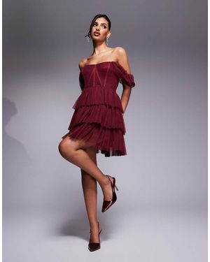 LACE & BEADS Off Shoulder Corset Tulle Mini Dress - Red