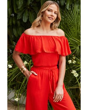 Sosandar Frill Detail Bardot Top - Red