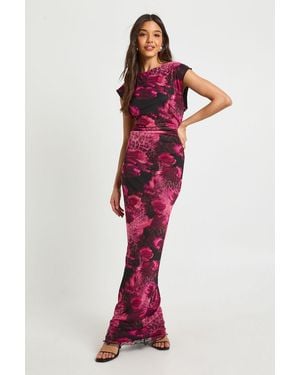 Boohoo Mixed Floral Ruched Waist Mesh Maxi Dress - Red