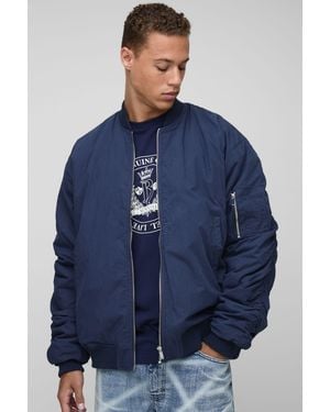 BoohooMAN Tall Oversized Peached Embroidered Ma1 Bomber Jacket - Blue