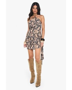 Boohoo Chiffon Snake Halterneck Mini Dress - Brown