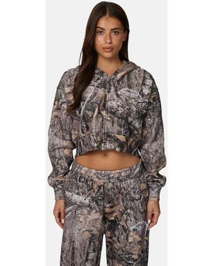 Good For Nothing Cropped Oversized Camo Zip Hoodie - Brown