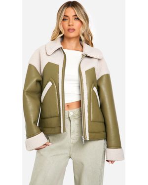 Boohoo Faux Leather Teddy Trim Aviator Jacket - Green