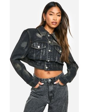 Boohoo Waist Detail Distressed Denim Jacket - Black